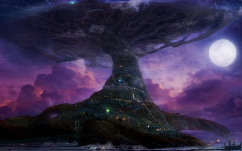 giant tree island under moonlight