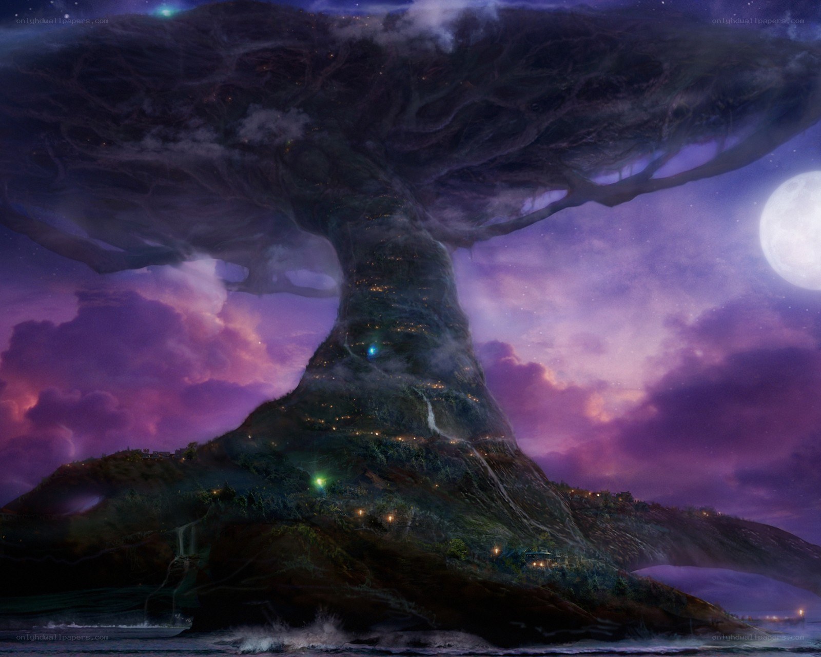 giant tree island under moonlight