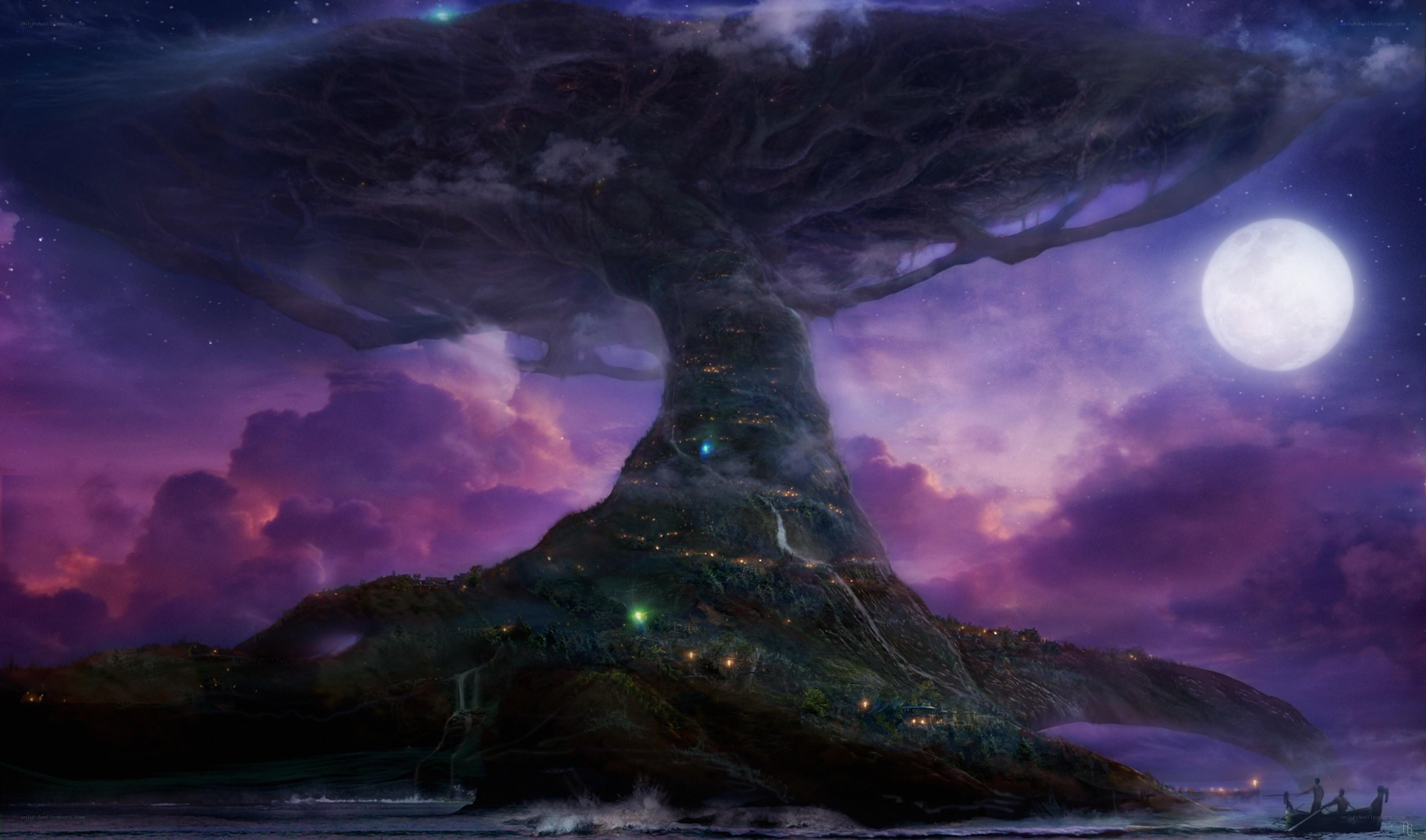 giant tree island under moonlight