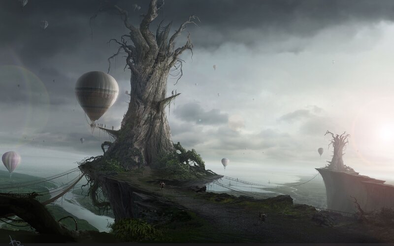 Giant Tree on Cliff — Gray, Dramatic