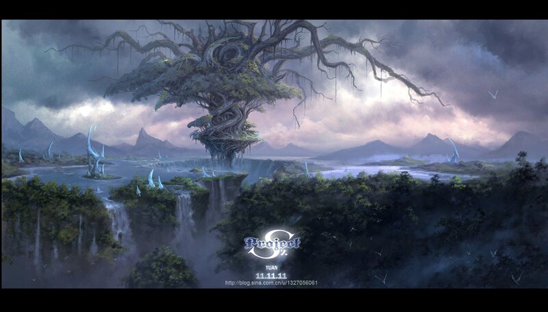 Giant Tree on Floating Island — Gray, Dramatic