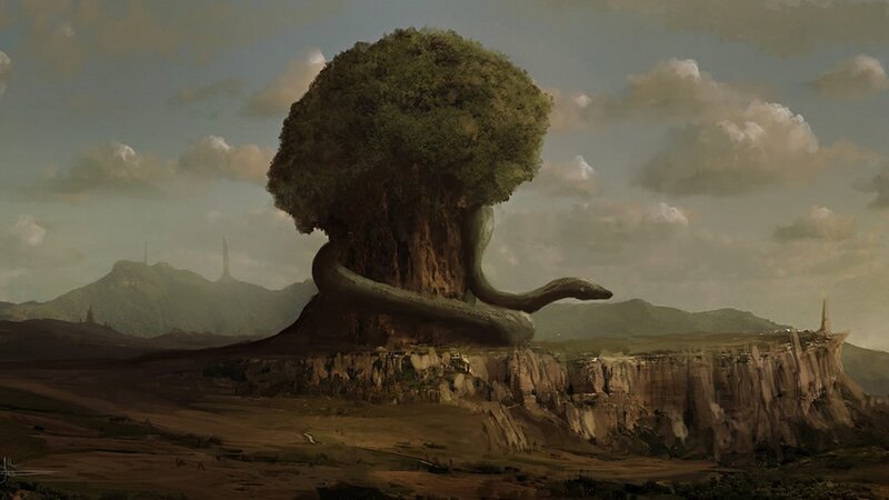 giant tree serpent on cliff