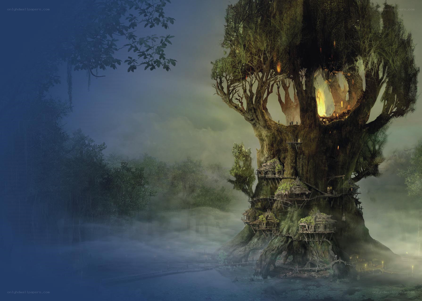 Giant tree village at night