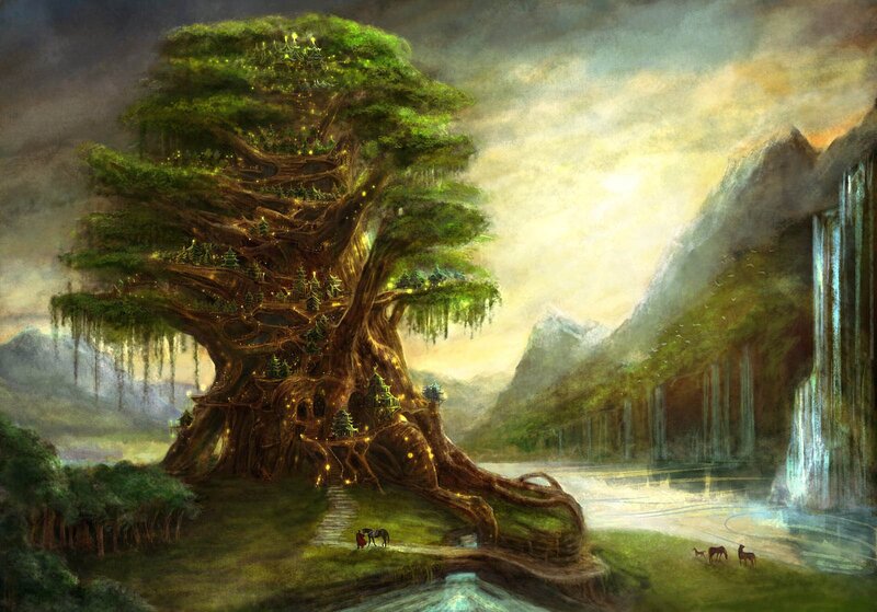 Giant tree village fantasy landscape