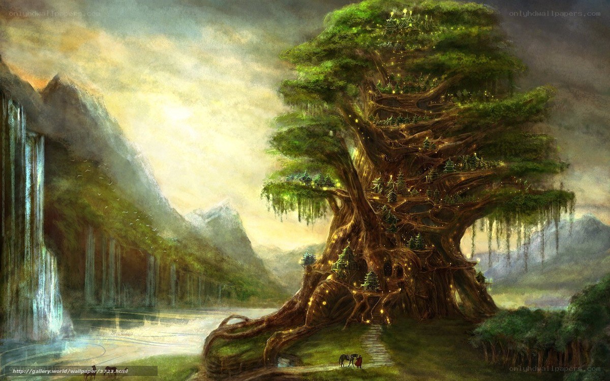 Giant tree village fantasy landscape