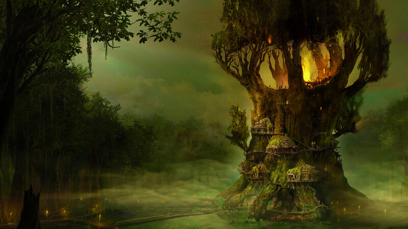 Giant Tree Village — Green, Mysterious, Night