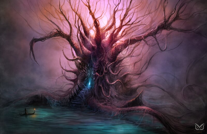 Giant Tree with Glowing Core — Purple, Dramatic, Night