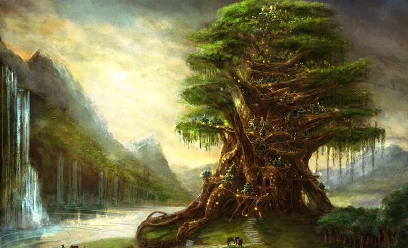 Giant Tree with Houses — Green