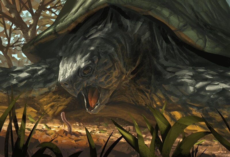 Giant turtle attacking worm