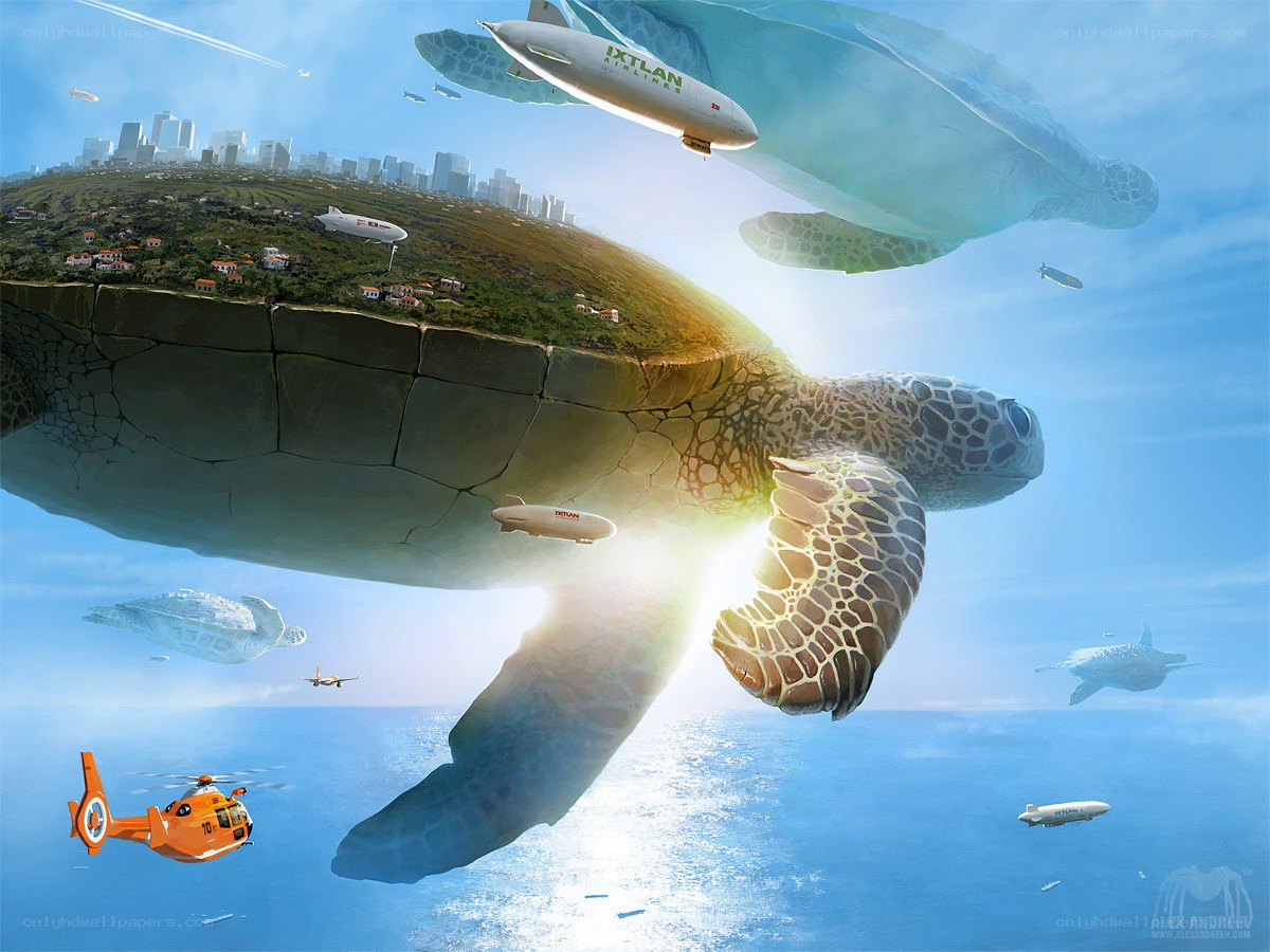 giant turtle carrying a city