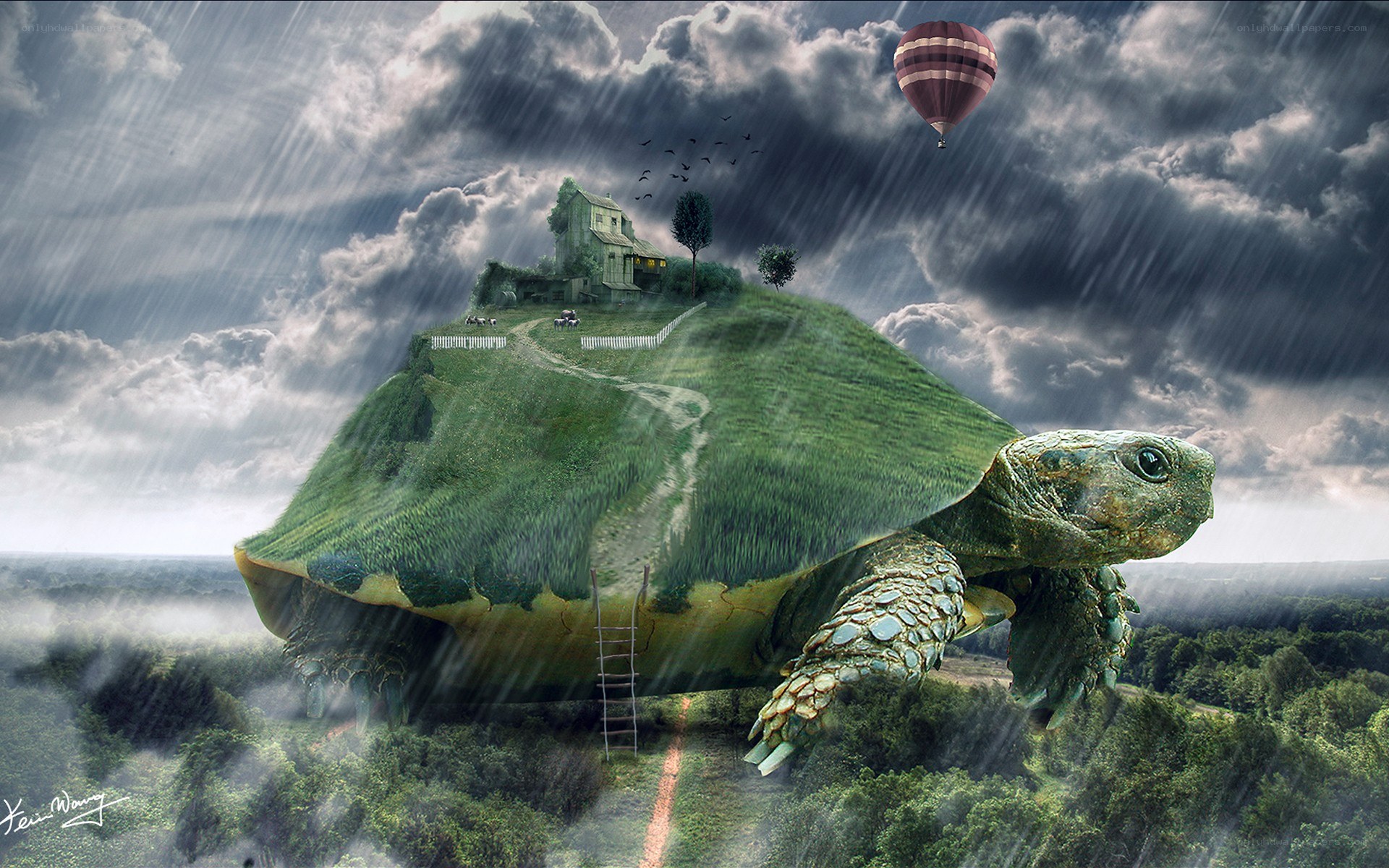 giant turtle carrying a village