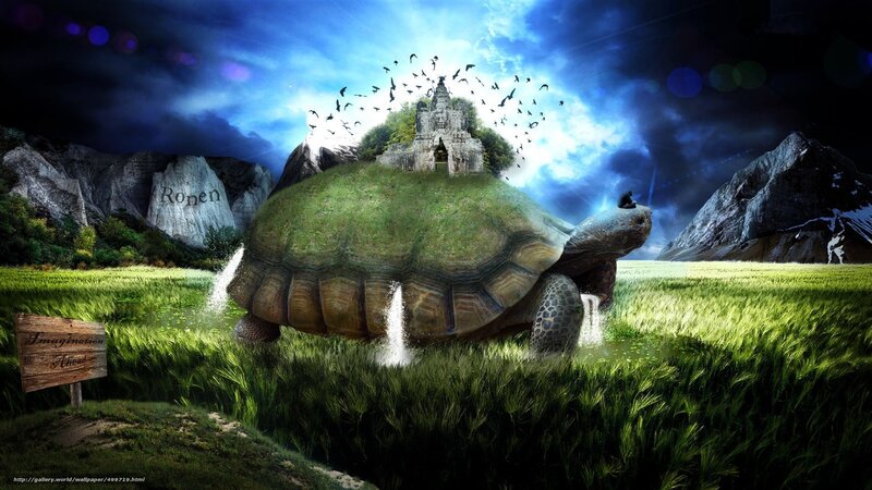 giant turtle with temple on back
