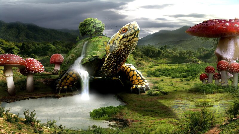 Giant Turtle with Waterfall — Green, Dramatic