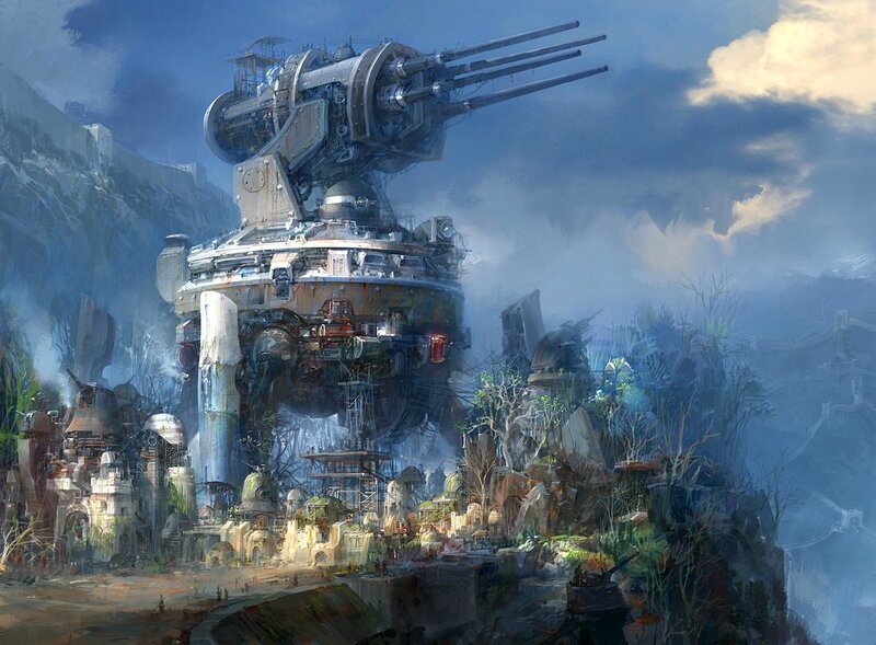 Giant war machine on cliffside