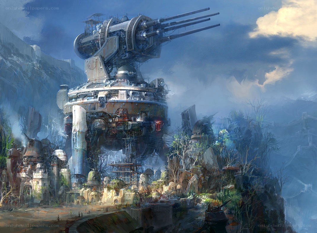 Giant war machine on cliffside