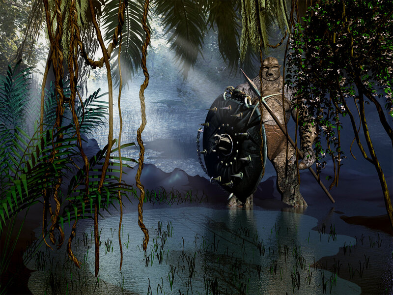 Giant warrior in jungle swamp