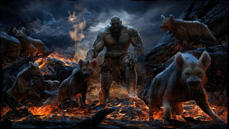 Giant Warrior with Hyenas