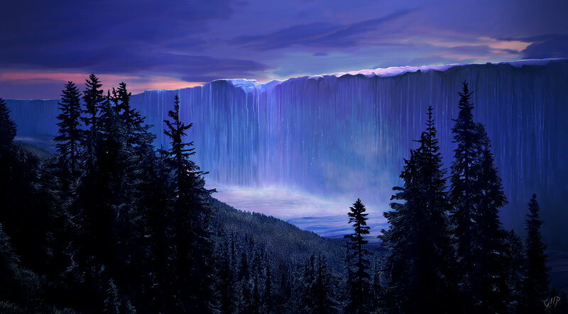 Giant Waterfall at Night — Blue