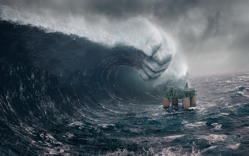 giant wave hand attacks oil rig
