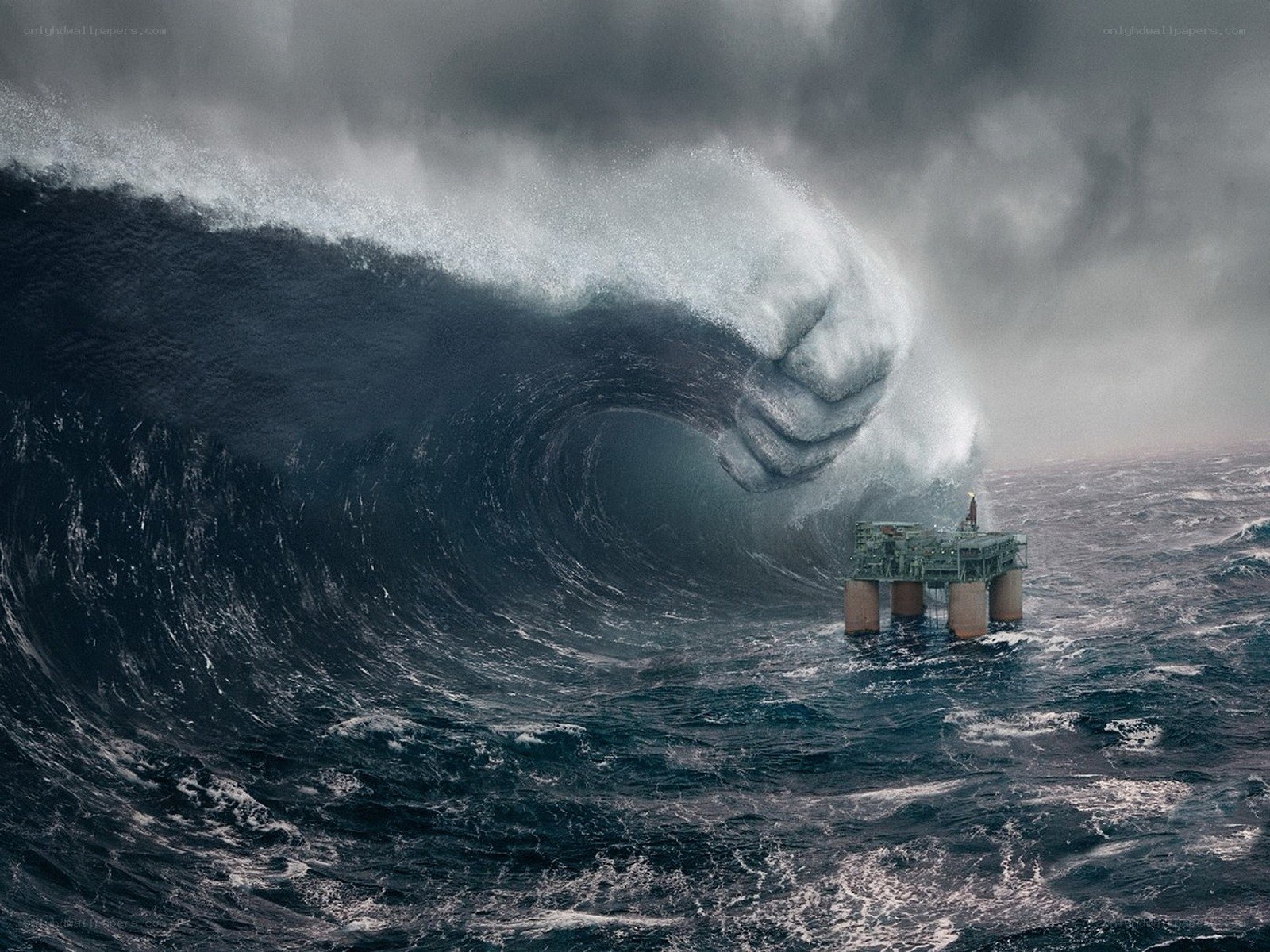 Giant wave hand attacks oil rig