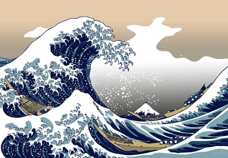 Giant Wave with Boats — Blue, Dramatic, Illustration, Mountain, Clouds