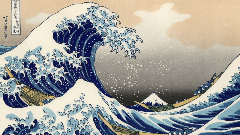 Giant Wave with Boats — Blue, Dramatic, Illustration, Mountain, Sea Spray