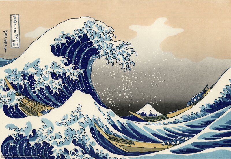 Giant Wave with Boats — Blue, Dramatic, Illustration, Mountain, Sea