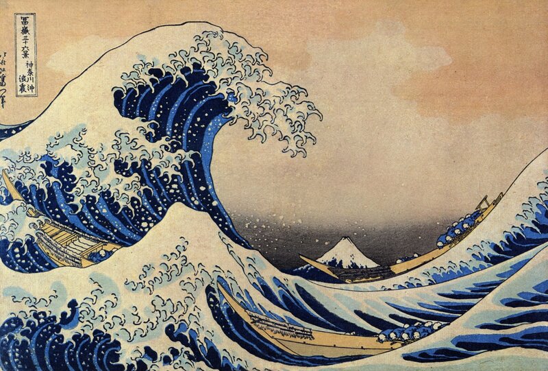 Giant Wave with Boats — Blue, Dramatic, Illustration, Mountain, White, Brown