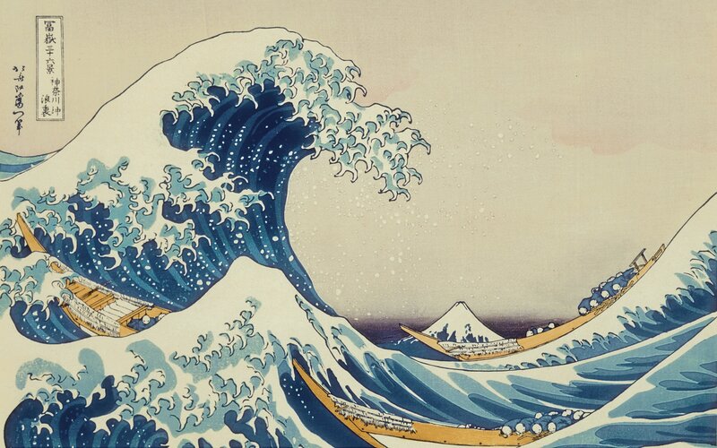 Giant Wave with Boats — Blue, Dramatic, Illustration