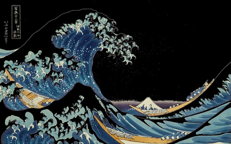 Giant Wave with Boats — Blue, Dramatic, Night, Illustration, Mountain