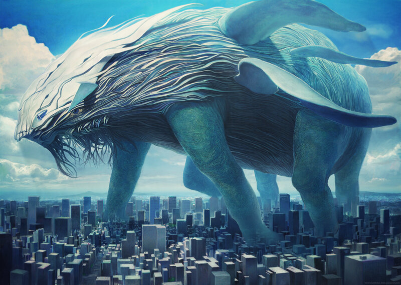 giant whale monster in city
