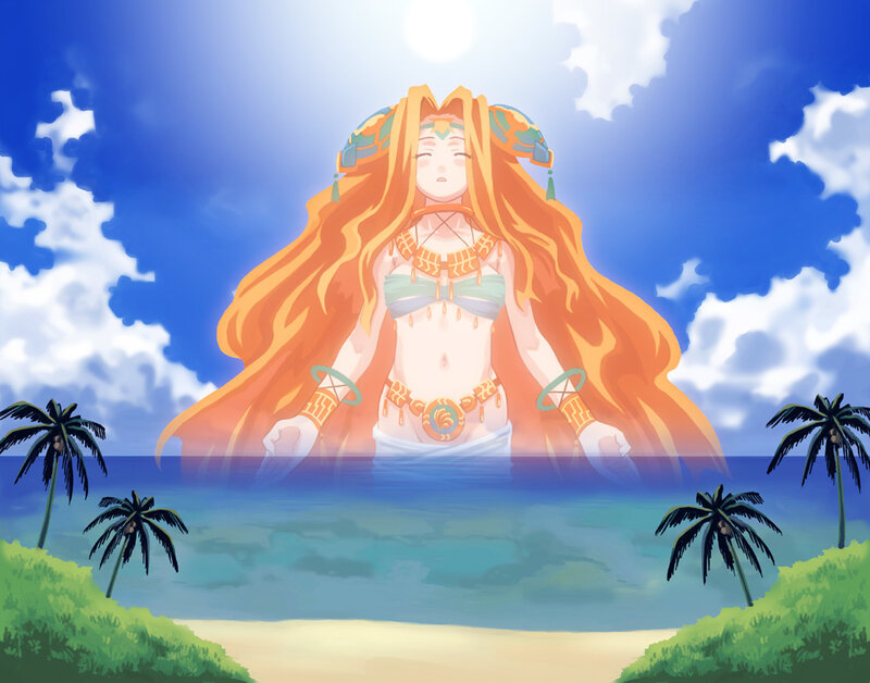 Giant woman on a tropical beach