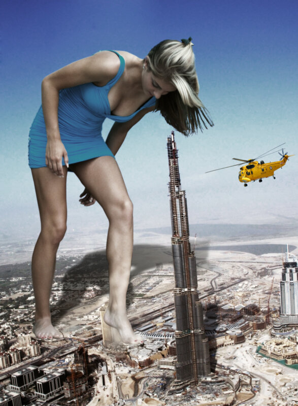 giant woman steps on city