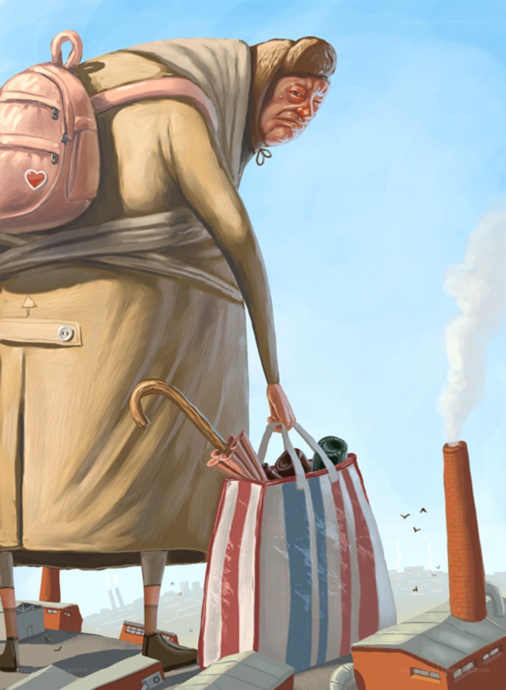 giant woman with backpack