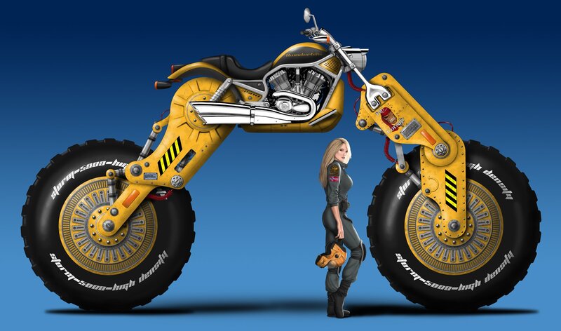 giant yellow motorcycle with woman
