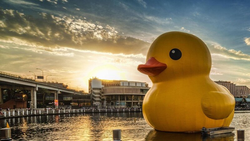 Giant Yellow Rubber Duck — Dramatic, Sunset, Photograph, River