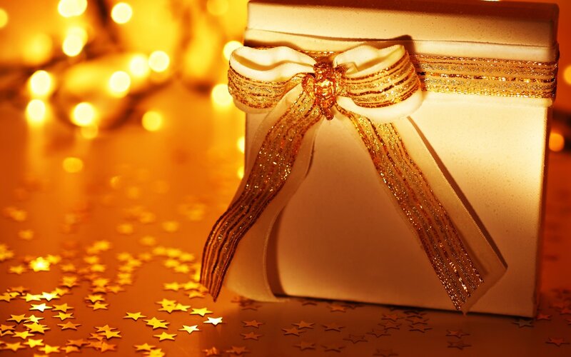 Gift Box with Bow — Gold, Festive, Night, Photograph, Stars, Lights