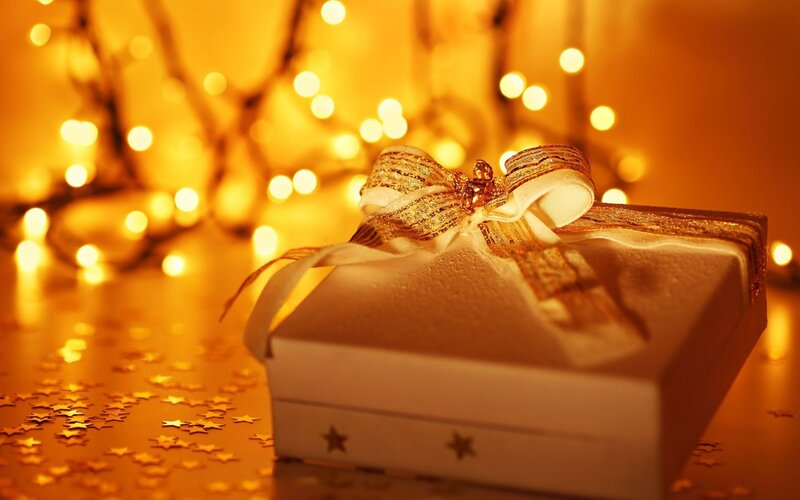 Gift Box with Bow — Gold, Festive, Night, Photograph