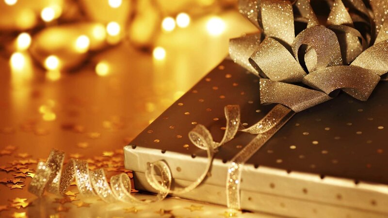 Gift Box with Bow — Gold, Festive, Photograph, Confetti, Lights