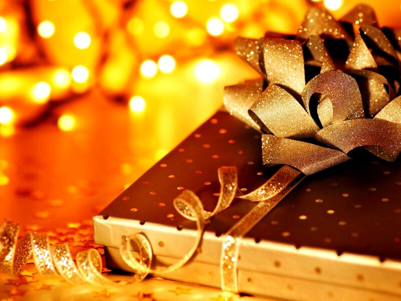 Gift Box with Bow — Gold, Festive, Photograph, Confetti