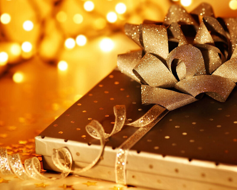 Gift Box with Bow — Gold, Festive, Photograph, Lights