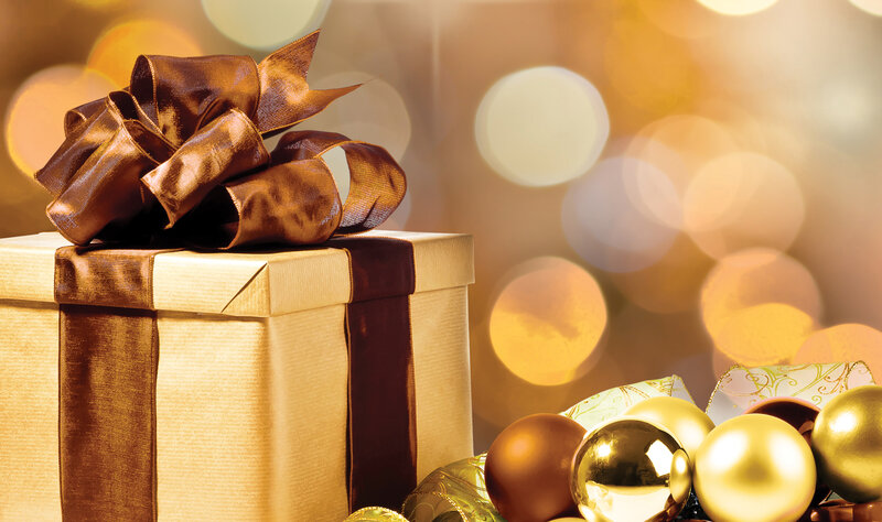 Gift Box with Bow — Gold, Festive, Photograph, Ornaments
