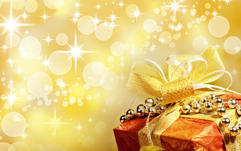 Gift Box with Bow — Gold, Festive, Photograph