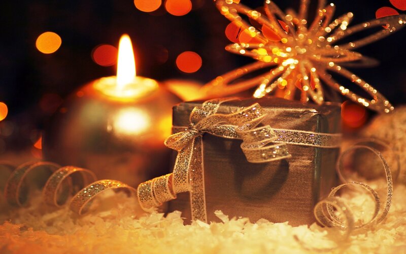 Gift Box with Candle — Gold, Festive, Night, Photograph, Ribbon