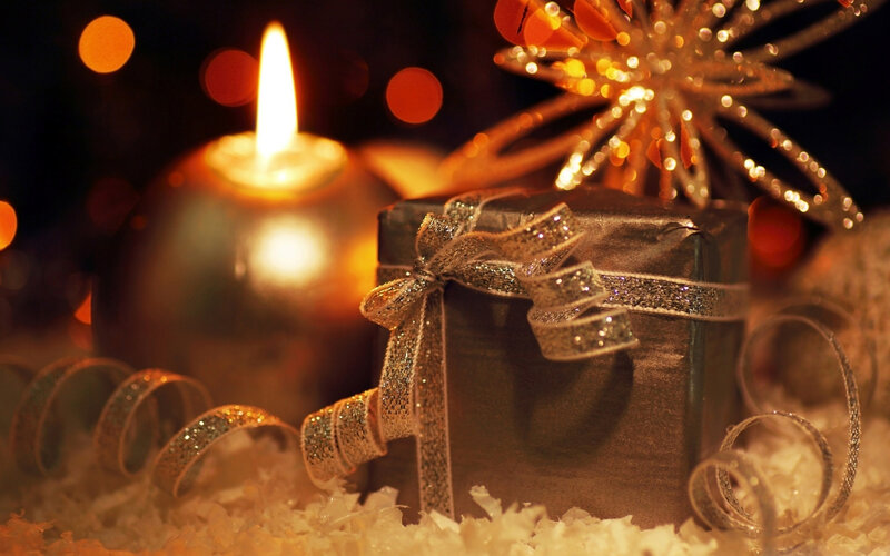 Gift Box with Candle — Gold, Festive, Night