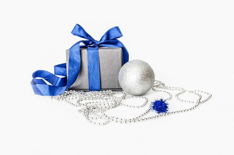 Gift Box with Ornaments — Blue, Festive, Photograph