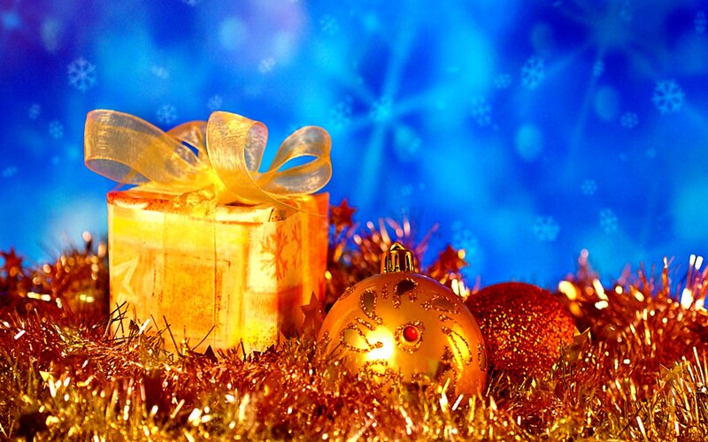 Gift Box with Ornaments — Blue, Festive, Winter, Photograph