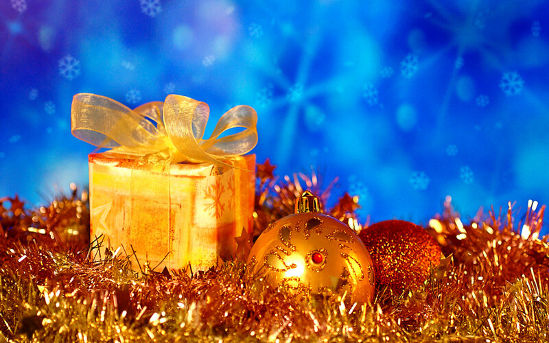 Gift Box with Ornaments — Blue, Festive, Winter