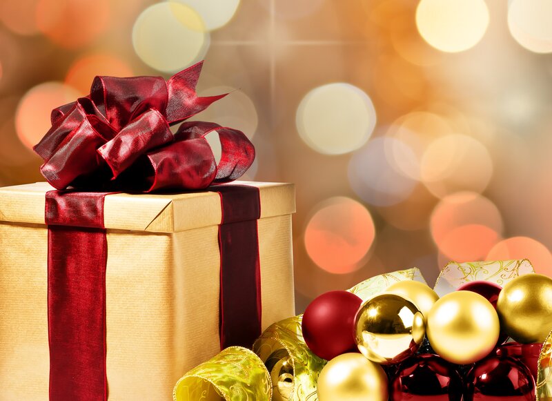 Gift Box with Ornaments — Gold, Festive, Photograph, Bow