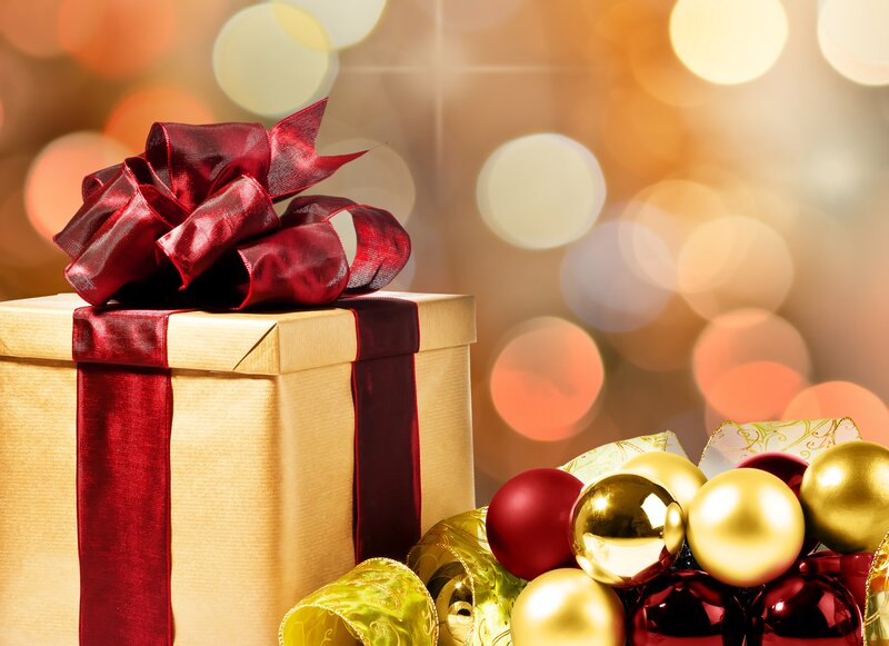 Gift Box with Ornaments — Gold, Festive, Photograph